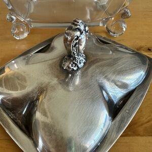 1847 Rogers Bros Victorian Silverplate Butter Dish with Glass Base & Ornate Lid